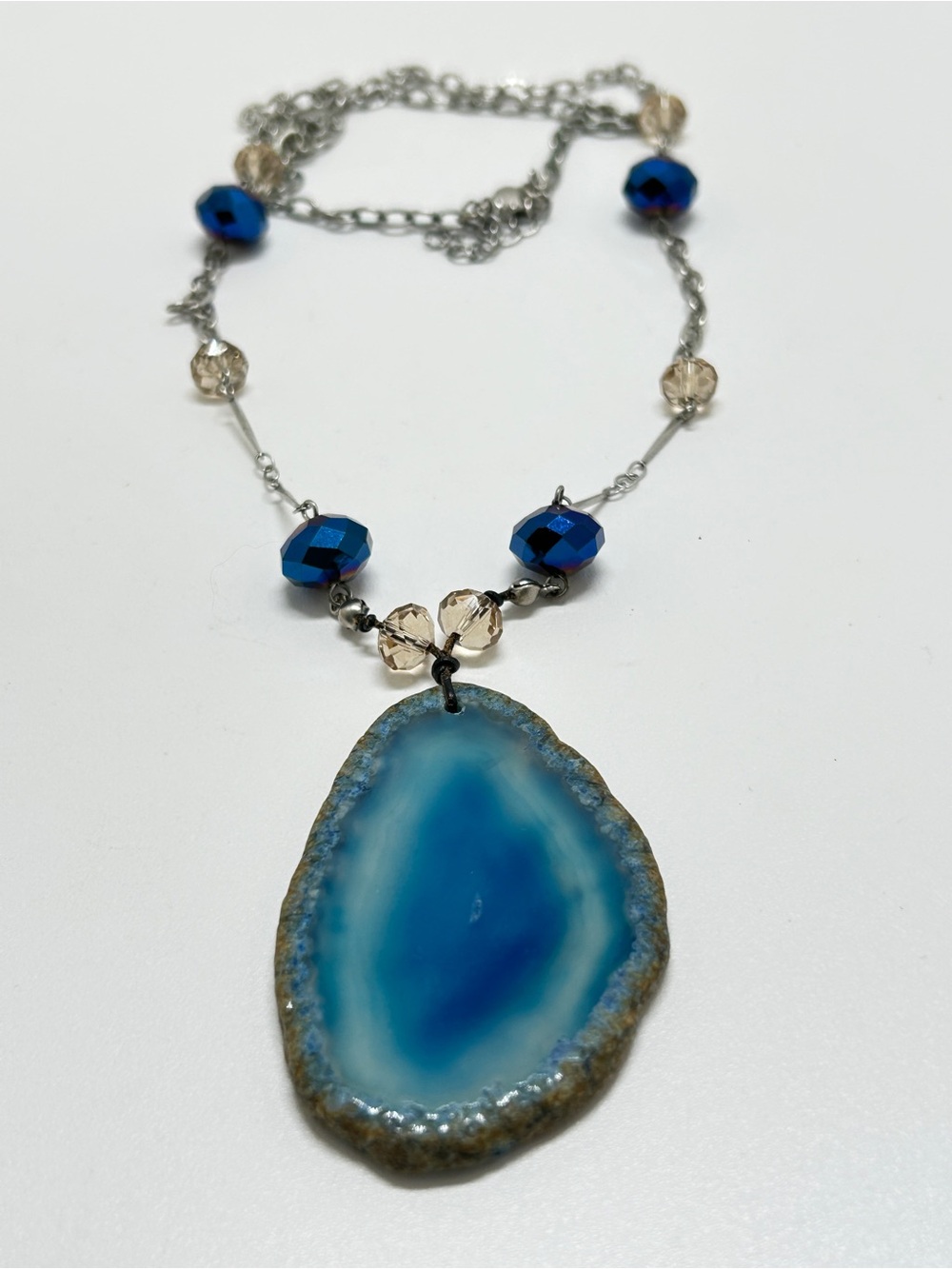 Silver And Blue Crystal Long Necklace With Blue Geode Slice